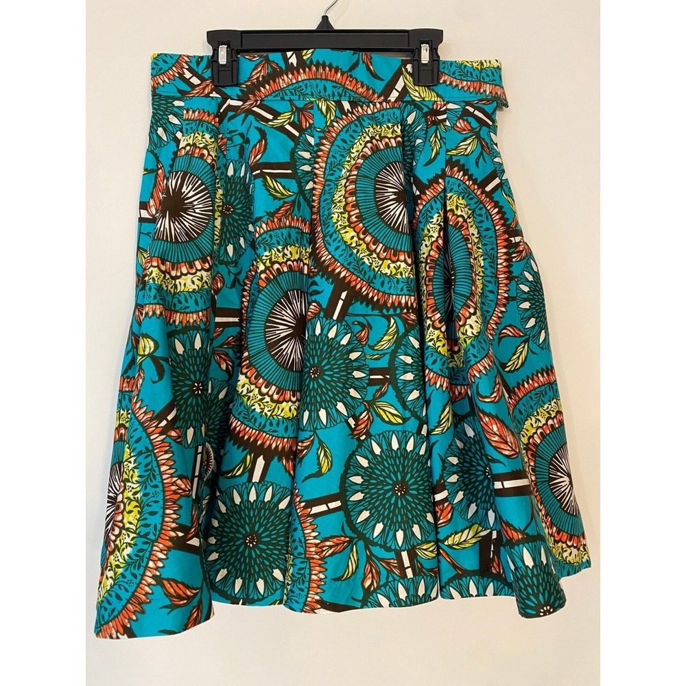 Francis + Benedict African Wax Print Pleated Midi Skirt Turquoise Orange Small